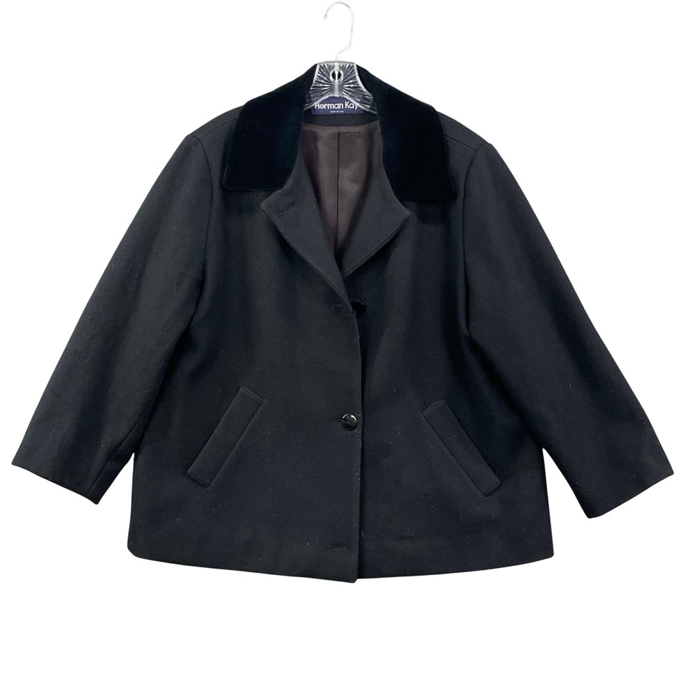 Herman Kay Peacoat Mens Large Black Wool Blend Velvet Collar Vintage Made in USA